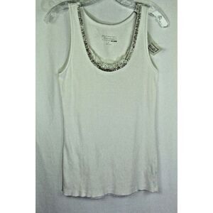 ABS Essentials Top XL White Ribbed Tank Beaded Bugle Beads Embellished Women New